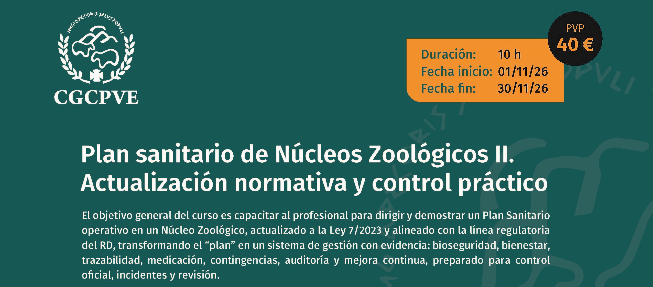Curso Online: "Plan sanitario de Núcleos Zoológicos II. Actualización normativa y control práctico" 